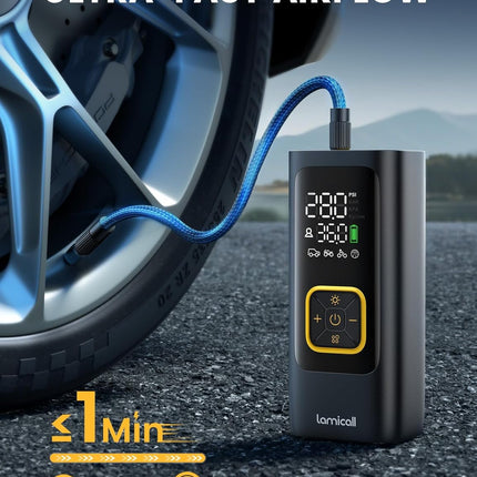 Car Tire Inflator Portable Air Compressor - Lamicall [4X Faster][150 PSI] Bike Air Pump, Rechargeable Battery, Pressure Gauge Display, LED Light, Automatic Car Cordless Pump for Motorcycle, Bike, Ball