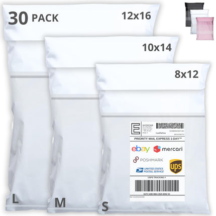 Shipping Bags (30 Pack) with Label Pouch - 8x12, 10x14 & 12x16 - Poly Mailers for Clothes, Self-Seal Plastic Mailing Envelopes - Tear & Water-Resistant Packaging Bags for Clothing, Not Padded