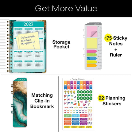 HARDCOVER Academic Year 2026-2027 Planner: 14 Months (May 2026 Through June 2027) 5.5"x 8" Daily Weekly Monthly Planner Yearly Agenda. Bookmark, Pocket Folder and Sticky Note Set (Teal Gold Marble)