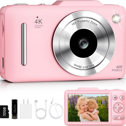 Digital Camera 4K Autofocus Vlogging Camera for Photography with 16X Zoom Anti Shake, 32GB Card, 48MP Compact Portable Point and Shoot Camera for Kids Boys Girls Teens Beginner（Pink）