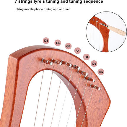 LIEKE 7 String Lyre Harp Instrument with Tuning Wrench,Metal Strings,Bag, Mahogany Body and Bone Saddle,Lyre Harp Kit Gift for Kids Adults Beginner