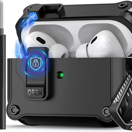 Pohgelan Compatible with AirPods Pro 2nd/1st Case,Magnetic Automatic Lock with Cleaning Kit,Compatible with Magsafe Cover -Black