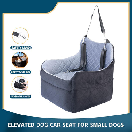 Dog Car Seat for Small Dogs, Elevated Pet Booster Seat with Safety Leash & Anti-Slip Base, Washable Dog Car Bed Travel Seat for Small Pets up to 30 lbs, Black & Gray