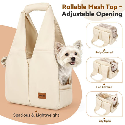 Dog Purse Carrier for Small Dogs and Cats, Soft-Sided Pet Tote Bag with 6 Large Pockets, Collapsible Travel Puppy Carrier with Small Cushion, Fits Pets up to 6 lbs (Beige, 13.6" L x 6.6" W x 10" H)