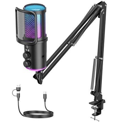 Gaming USB Microphone, Noise Cancellation Condenser Mic with Mute,Boom Arm Mic-Reverb Adjustment, Monitoring for Streaming, Podcasting, Discord, YouTube,PC, Computer, PS4, PS5, Mac