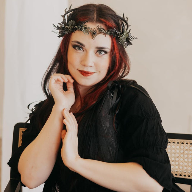 Light-Up Black Antler Elf Crown Gothic Flower Headband