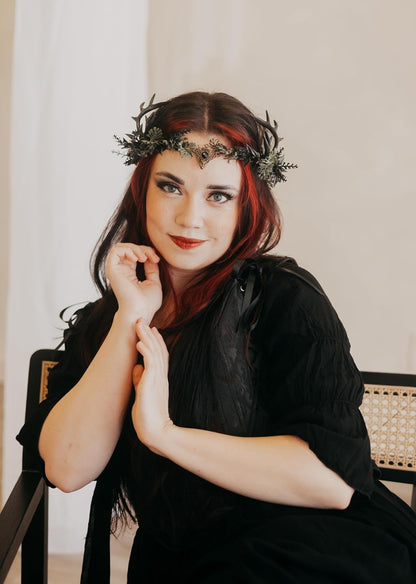 Light-Up Black Antler Elf Crown Gothic Flower Headband - photo 2