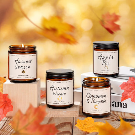 Fall Candle Set | 4 Pack Scented Candles for Home - Candle Gifts for Women Men, Soy Candles Home Scented | Autumn Fragrance of - Apple Pie/Cinnamon/Harvest/Wreath