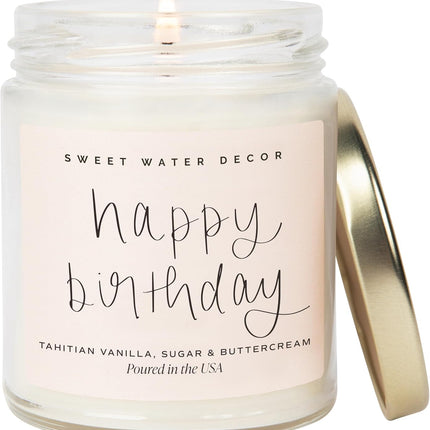 Sweet Water Decor Happy Birthday Soy Candle - Vanilla Sugar & Buttercream Sweet Scented Happy Birthday Candle Gift for Mom, Friends & Girls - 40 Hour Burn Time - 9oz - Non Toxic