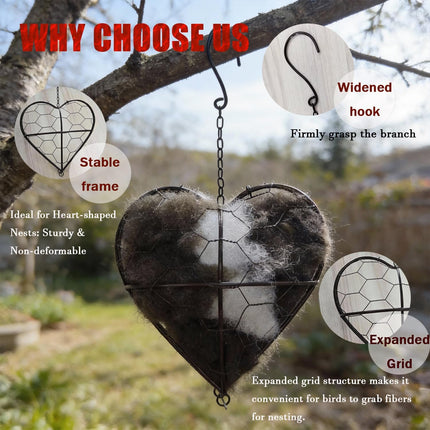 WesGen Handmade Bird Nesting Heart Refillable, 2 Bags Natural Bird Nesting Materials Included, Hummingbird Houses Winter Shelter & Garden Art Gift for Bird Lovers, Outdoor Garden Yard Decoration