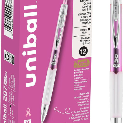 uniball 207 Pink Ribbon Retractable Gel Pens, Medium Point (0.7mm), Black, 12 Pack