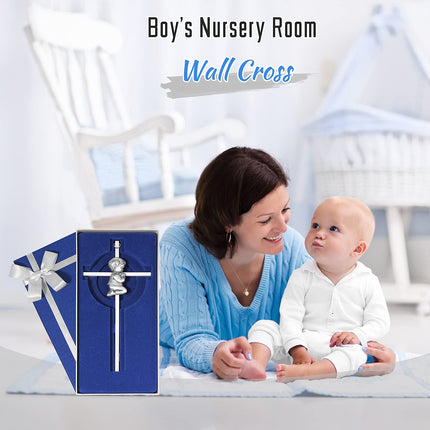 Baby Wall Cross Baptism Gifts for Boys, 7-inch Silver Blessing Boy Baptism Crosses for First Holy Communion Christening and Dedication Baptismal Gifts from Godparents