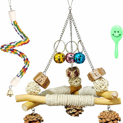 3 in 1 Bird Swing and Climbing Rope Set Triangle Wooden Perch with Bells and Natural Chew Toys Flexible Cotton Rope Ladder and Maraca Toy for Cockatiels Conures and Budgies