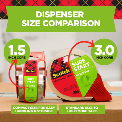 Scotch Sure Start Shipping Packaging Tape, 1.88" x 54.6 yd, Designed for Packing, Shipping and Mailing, Quiet Unwind, No Splitting or Tearing, 3" Core, Clear, 1 Roll (345)
