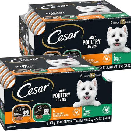 Cesar Filets in Gravy Adult Wet Dog Food Variety Pack, Poultry Lovers with Rotisserie Chicken Flavor and Turkey Recipe, 3.5 oz. Easy Peel Trays, Variety Pack, 12 Count (Pack of 2)