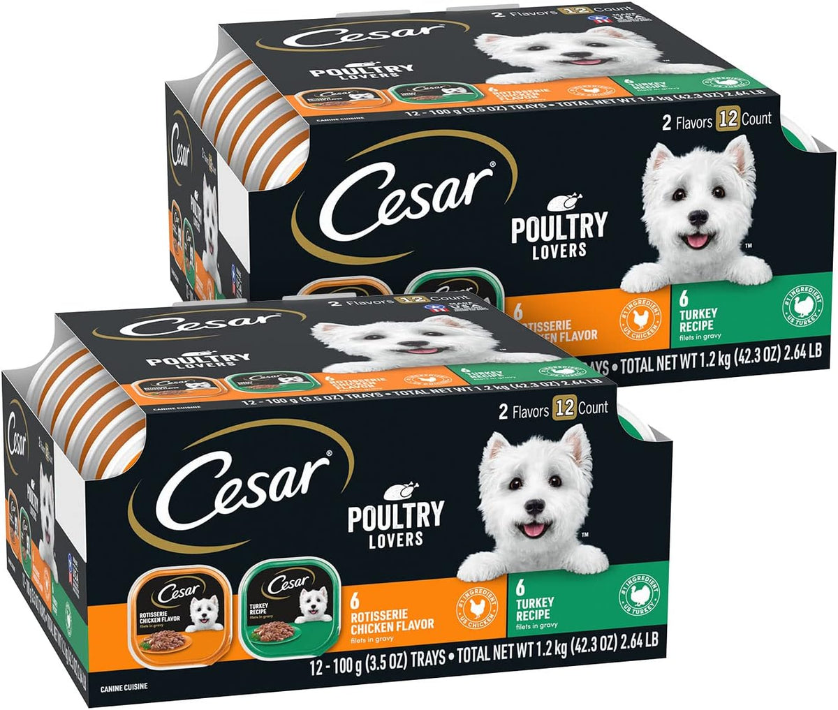 Filets in Gravy Adult Wet Dog Food Variety Pack, Poultry Lovers with Rotisserie Chicken Flavor and Turkey Recipe, 3.5
