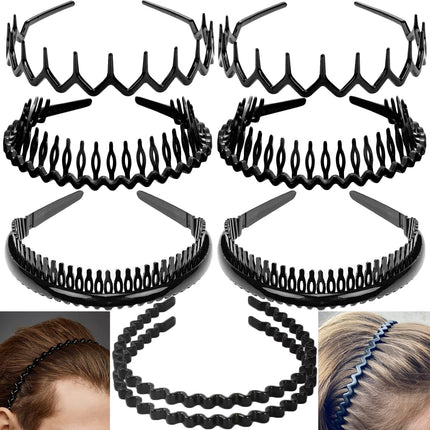 8 PCS Fashion Effortless Plastic Headbands with Teeth Comb Black Skinny Headbands No Slip Hair Accessories Bands for Women Men Teen Girls, Leopard&Bright Black
