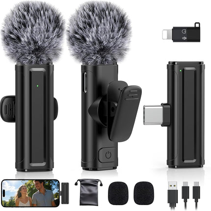Wireless Mini Microphone for iPhone, iPad, Android Phone, 2 Pack Lavalier Mic with 360° Rotatable Clip, Plug and Play Noise Reduction USB-C Lapel Mic for Video Recording YouTube Content Creators