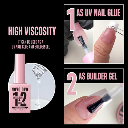 NOVO OVO UV Nail Glue and Builder Gel 2 in 1, No Wipe Top Coat Kit for Predesigned French Tip Nail Tips, HEMA TPO FREE, Super Strong Adhesive for Press on Acrylic Nails, Long Lasting, Easy to Use