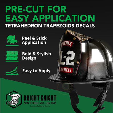 Bright Knight Decals Fire Helmet Tetrahedrons - Set of 16 Reflective Black Trapezoid Fire Helmet Stickers - 3M Vinyl with Acrylic Adhesive for Firefighters, Helmets, Laptops & Bumpers, Pack of 1