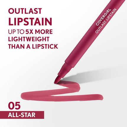 Covergirl Outlast Lipstain, 05 All-Star, Smooth Application, Precise Pen-Like Tip, Transfer-Proof, Satin Stained Finish, Vegan Formula, 0.06oz