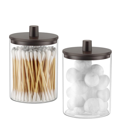 Dispensador de vidrio para hisopos de 10 oz, frasco transparente tipo botica, organizador para tocador de baño para hisopos, almohadillas, palillos de hilo dental y maquillaje (2 piezas, negro)