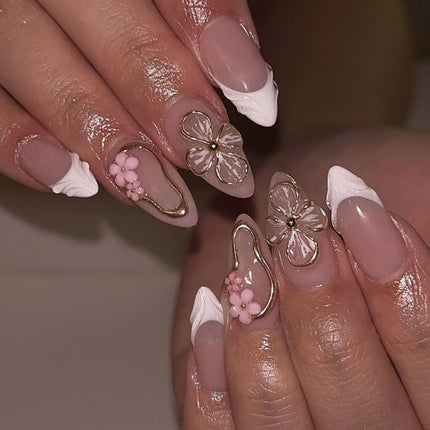 French Tips Press on Nails Medium Almond Nails Press on with 5D Flower Charm Design Glossy Brown Glue on Nails Water Ripple Rhinestones Fake Nail Reusable Fall Winter Nail for Women Manicure 24Pcs