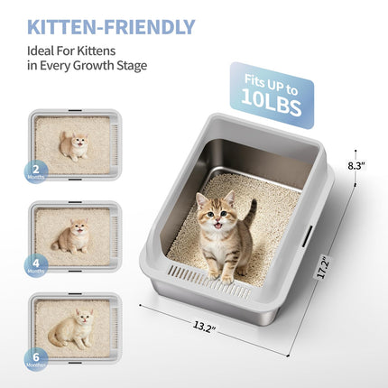 2 Pack Stainless Steel Cat Litter Box, High Sides Litter Pan, XS