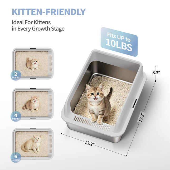 2 Pack Stainless Steel Cat Litter Box, High Sides Litter Pan, XS