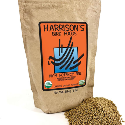 Harrison's Bird Foods High Potency Fine - Certified Organic, Non GMO Formula for Small to Medium Birds - Human Grade Pellets for Molting, Recovering & Weaning Chicks with Balanced Nutrition (1lb)