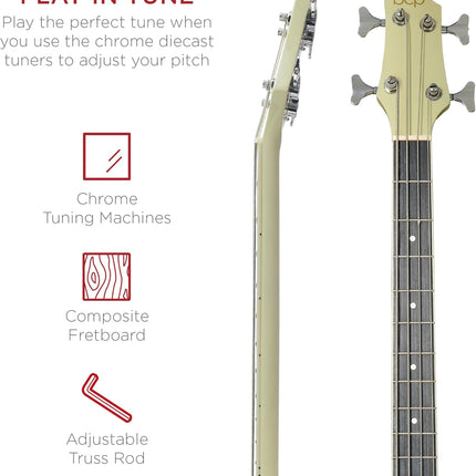 Best Choice Products Acoustic Electric Bass Guitar, Full Size 4 String, Fretted Bass Guitar w/Padded Gig Bag - Cream White
