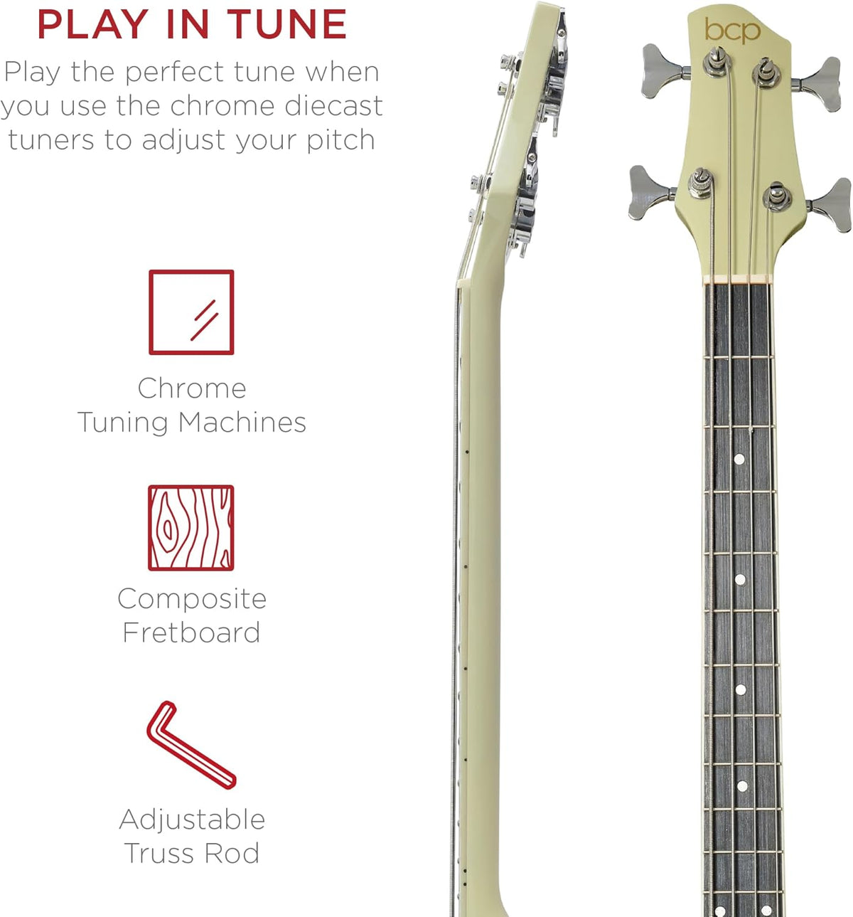 Cream White Full-Size 4-String Acoustic-Electric Bass Guitar with Padded Gig Bag - photo 5