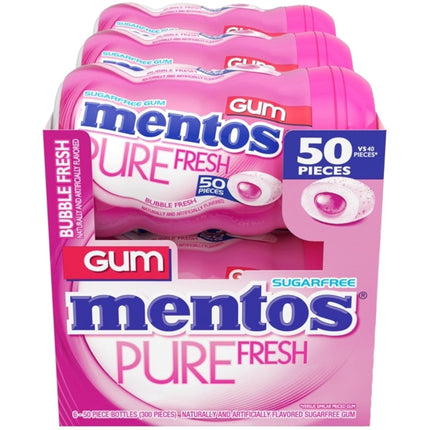 Mentos Pure Fresh Sugar Free Gum With Xylitol Sweetener, Bubble Fresh, 90% Recyclable Curvy Bottle, 50 Pieces per Bottle, 6 Pack