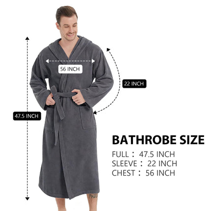 Men's Bathrobes with Hood, 100% Cotton Terry Bath Robe, Soft Long Shower Towel Robe for Men with Pockets