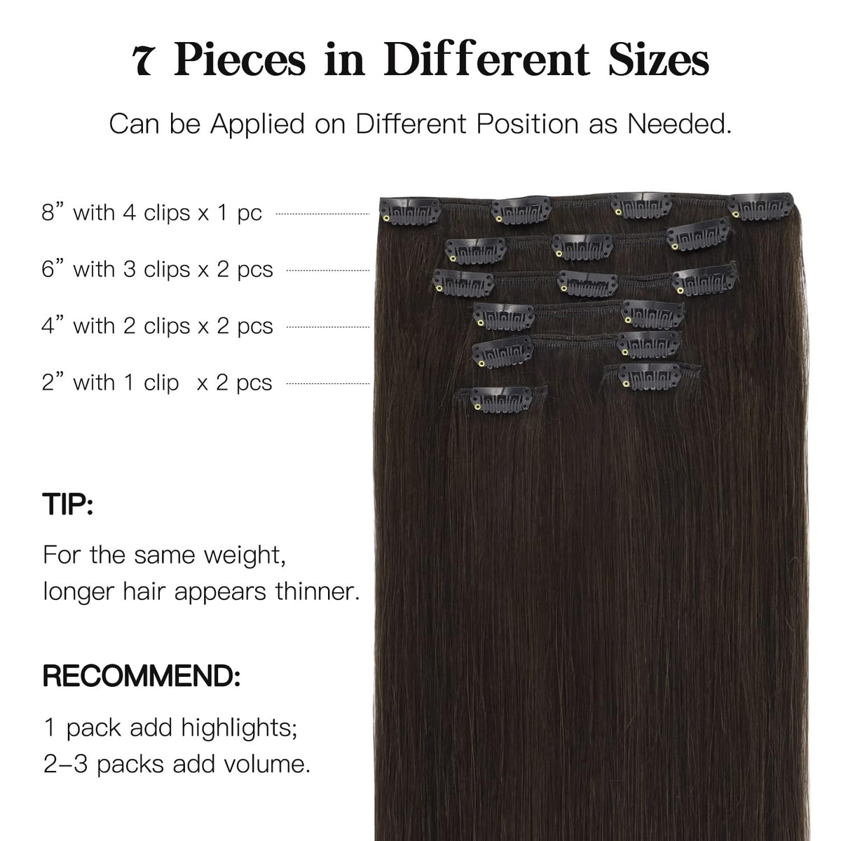 Dark Brown 18 Inch Remy Human Hair Clip-In Extensions, 120g, 7 Pieces - photo 3
