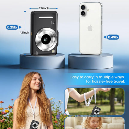 Digital Camera 4K Autofocus Vlogging Camera for Photography with 16X Zoom Anti Shake, 32GB Card, 48MP Compact Portable Point and Shoot Camera for Kids Boys Girls Teens Beginner（Black）
