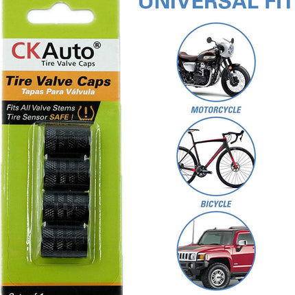 CKAuto Tire Valve Stem Caps, Black, 4 pcs/Pack, Anodized Aluminum Tire Valve Cap Set, Corrosion Resistant, Universal Stem Covers for Cars Trucks Motorcycles SUVs and Bikes