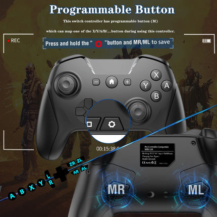 Bluetooth Controller for Switch/Mac/PC/Steam/Mobile Phone/iOS/Android//TV/iPad/Table/Apple Arcade MFi Games, switch pro controller wireless with Adjustable Dual Motion,Turbo,Macros,6-Axis,Wake Up for Black Myth: Wukong (Black) (Purple) (Black with Clip)