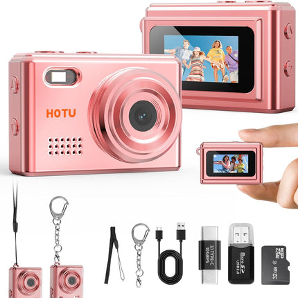 HOTU Mini Keychain Digital Camera, Y2K Pocket-Size Mini Camera, 2MP 1080P Small Camera with 32GB Card, Video Recorder with Long Battery Life for Travel, Party and Vlog (Rose Gold)