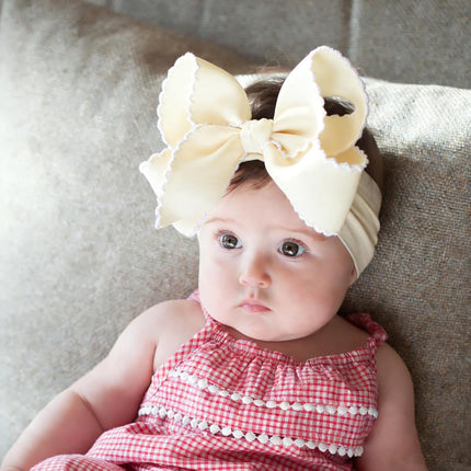 6'' Jumbo Beige Baby Girls Bow Headbands, Handmade Grosgrain Moonstitch Boutique Baby Headwraps, Super Stretchy Soft Nylon Headbands for Newborns, Infants & Toddlers