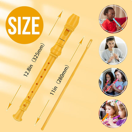Recorder Instrument for Kids Toddler Beginners Students German Style C Key Soprano Recorder Instrument 8 Holes 3 Piece ABS Descant Recorders with Cleaning Kit, Packing Bag (Yellow)