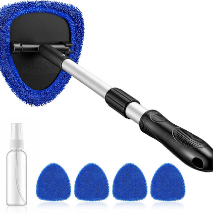 AstroAI Windshield Cleaner Tool, Car Interior Detailing Cleaning Kit with Extendable Handle and 4 Upgraded High-Density Reusable Microfiber Pads, Auto Glass Wiper Brush Kit for Cars, Blue, 15.9in-21in