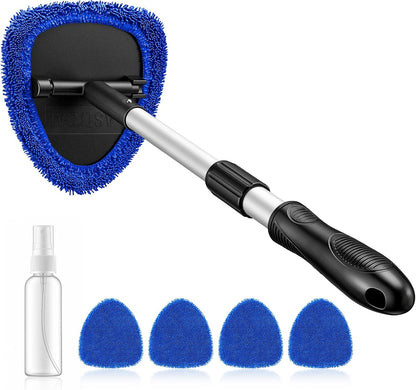 21-Inch Windshield Cleaner Tool with Extendable Handle and 4 Reusable Microfiber Pads, Blue