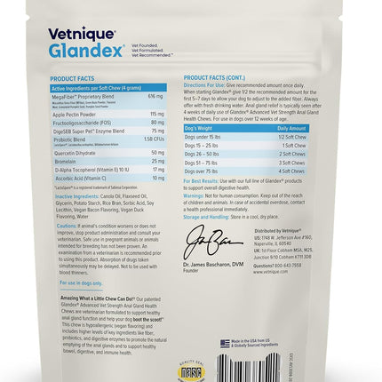 Vetnique Glandex Anal Gland Health Soft Chew Treats with Pumpkin for Dogs Digestive Enzymes, Probiotics Fiber Supplement for Dogs Boot The Scoot (Advanced Strength Duck/Bacon Chews (Veg), 30 Count)