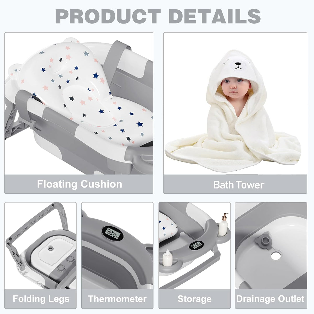 Collapsible Baby Bathtub for Newborns with Thermometer, Hooded Towel, Floating Cushion, and Drain Hole - photo 4
