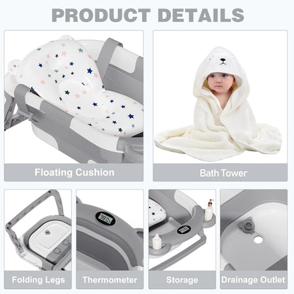 Collapsible Baby Bathtub for Newborns with Thermometer, Hooded Towel, Floating Cushion, and Drain Hole - photo 4