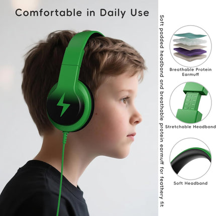 Candy Bila Kids Headphones, Wired Headphones for Kids Over Ear with Microphone, 85/94dB Volume Limiter Headphone for Girls Boys, Foldable Headphone for Learning & Entertainment, Black and Green