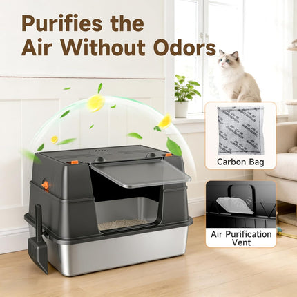 Stainless Steel Litter Box with Lid, Side Entry Extra Large High Sided Enclosure Litter Box, Removable Upper Cover Leak-Proof Odorless Non-Stick Easy Clean Metal Pan with Scoop & Mat