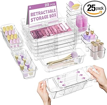 25 Pcs Clear Adjustable Drawer Organizer Set
