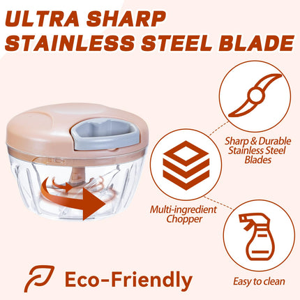 ‌Manual Food Processor Vegetable Chopper, Portable Hand Pull String Garlic Mincer Onion Cutter for Veggies, Suitable for Vegetables, Ginger, Garlic, Fruits, Onion, Potato, Salad (Pink 500 ml)‌